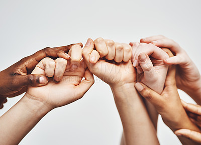 Buy stock photo Group, diversity and holding hands isolated on a white background for solidarity, support and collaboration. Love, power and community of people and hand or palm together sign for hope, faith or care