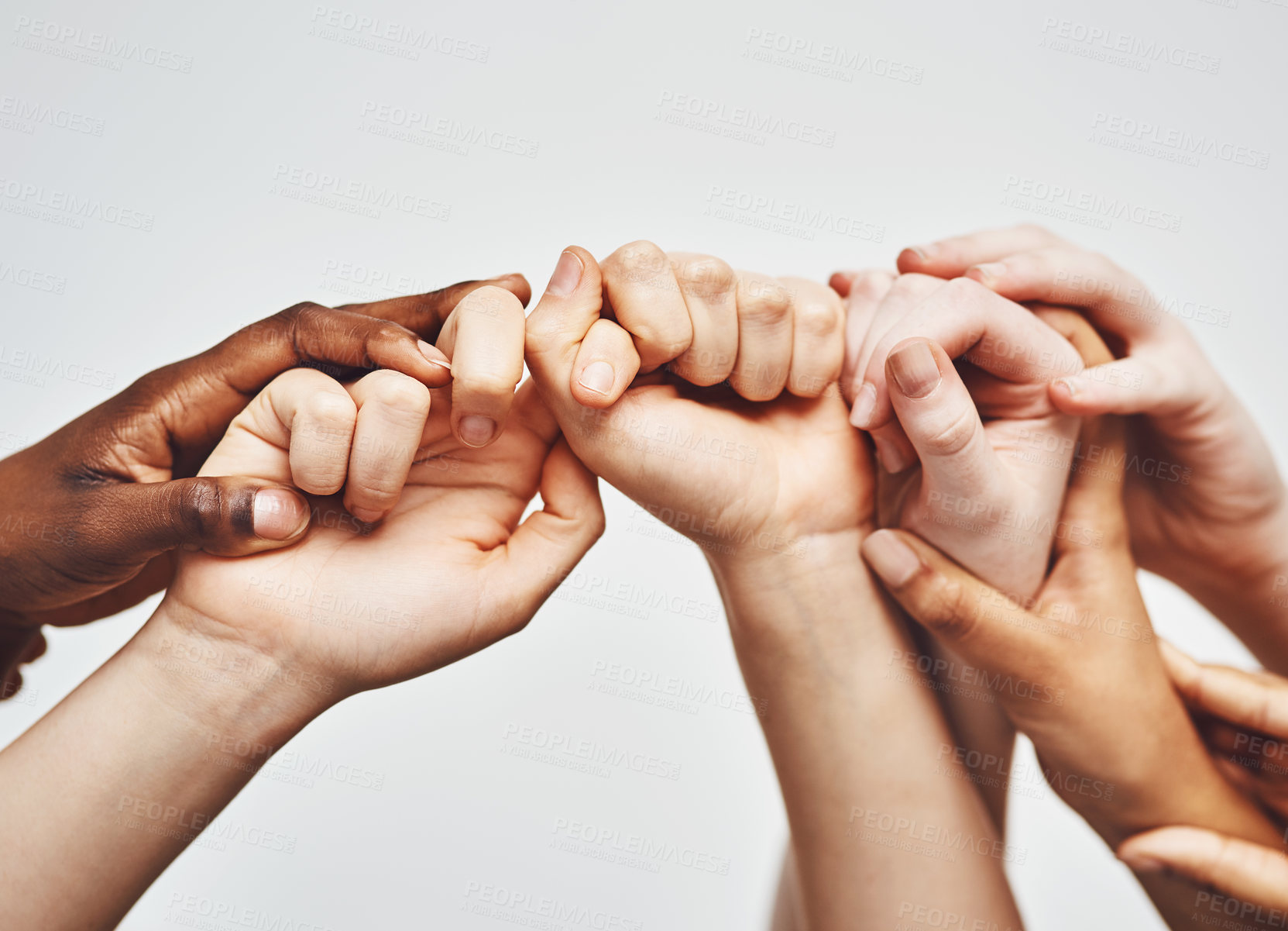 Buy stock photo Group, diversity and holding hands isolated on a white background for solidarity, support and collaboration. Love, power and community of people and hand or palm together sign for hope, faith or care