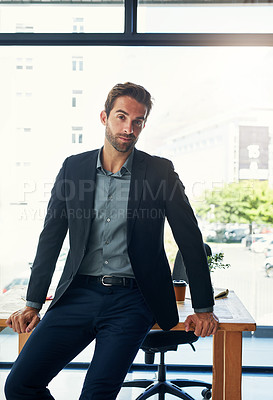 Buy stock photo Portrait, business and man lean on desk in modern office with city view of New York and professional. Male corporate manager or supervisor for company and agency, workplace and career in operations