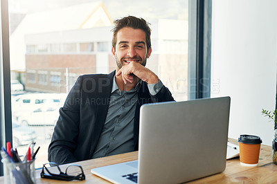 Buy stock photo Portrait, startup and man with laptop, entrepreneur and small business with email for company calendar. Face, employee and worker with computer and website info with network and internet with app