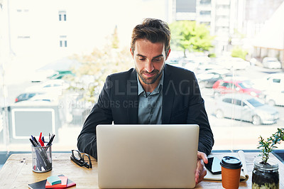 Buy stock photo Business, thinking and man with laptop, ideas and solution with online reading and problem solving for project. Person, employee and PR consultant with computer, agency or planning with brainstorming