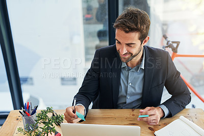 Buy stock photo Man, sticky notes and planning in office on laptop, research and ideas on paper for agenda or schedule. Male person, lawyer and reminder to check email or news, writing info and task for proposal