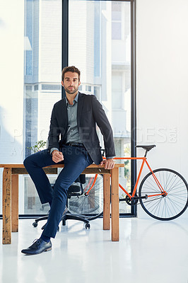 Buy stock photo Business man, portrait and agent at desk, human resources and confident for hiring in company. Serious male person, employee and office for consulting, vision and plan for growth in startup company