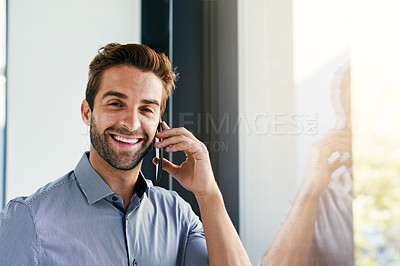 Buy stock photo Man, phone call and business deal in portrait, office and success in negotiation or networking. Male person, window and speaking on app for conversation, consulting and hello for online interview