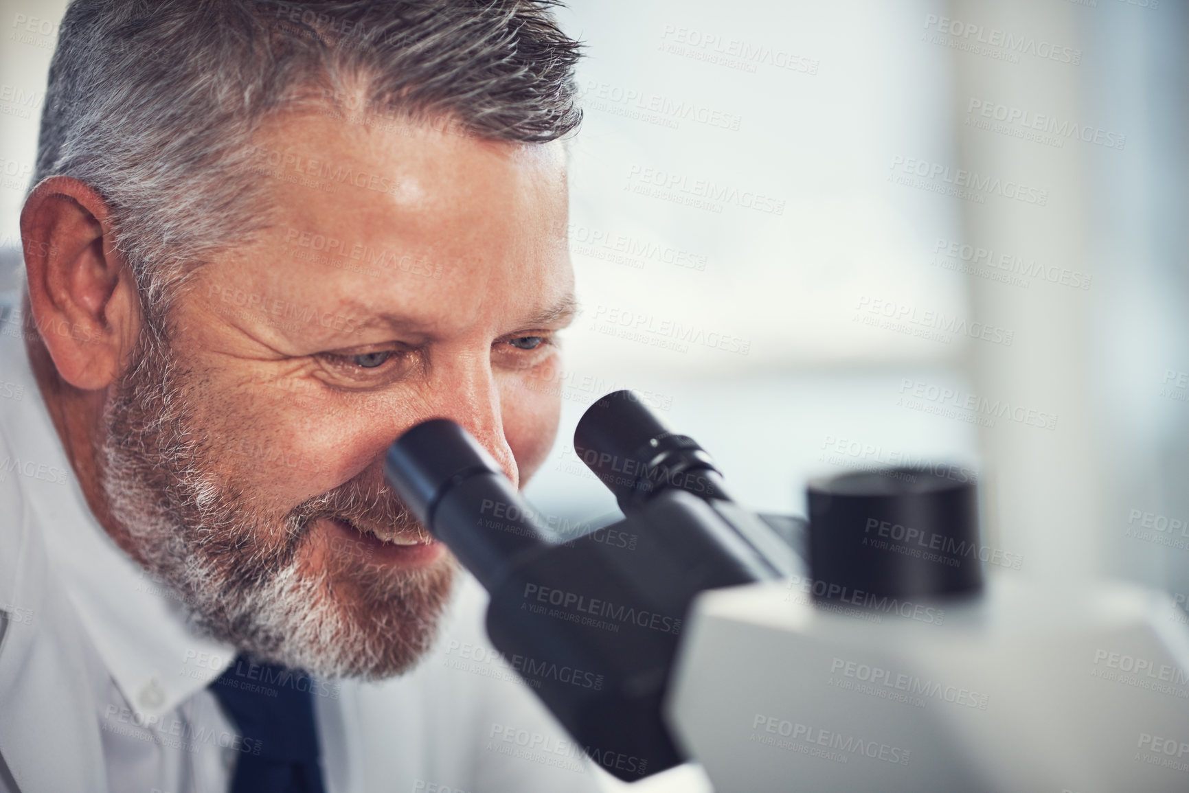 Buy stock photo Shot of a mature scientist using a microscope in a laboratory