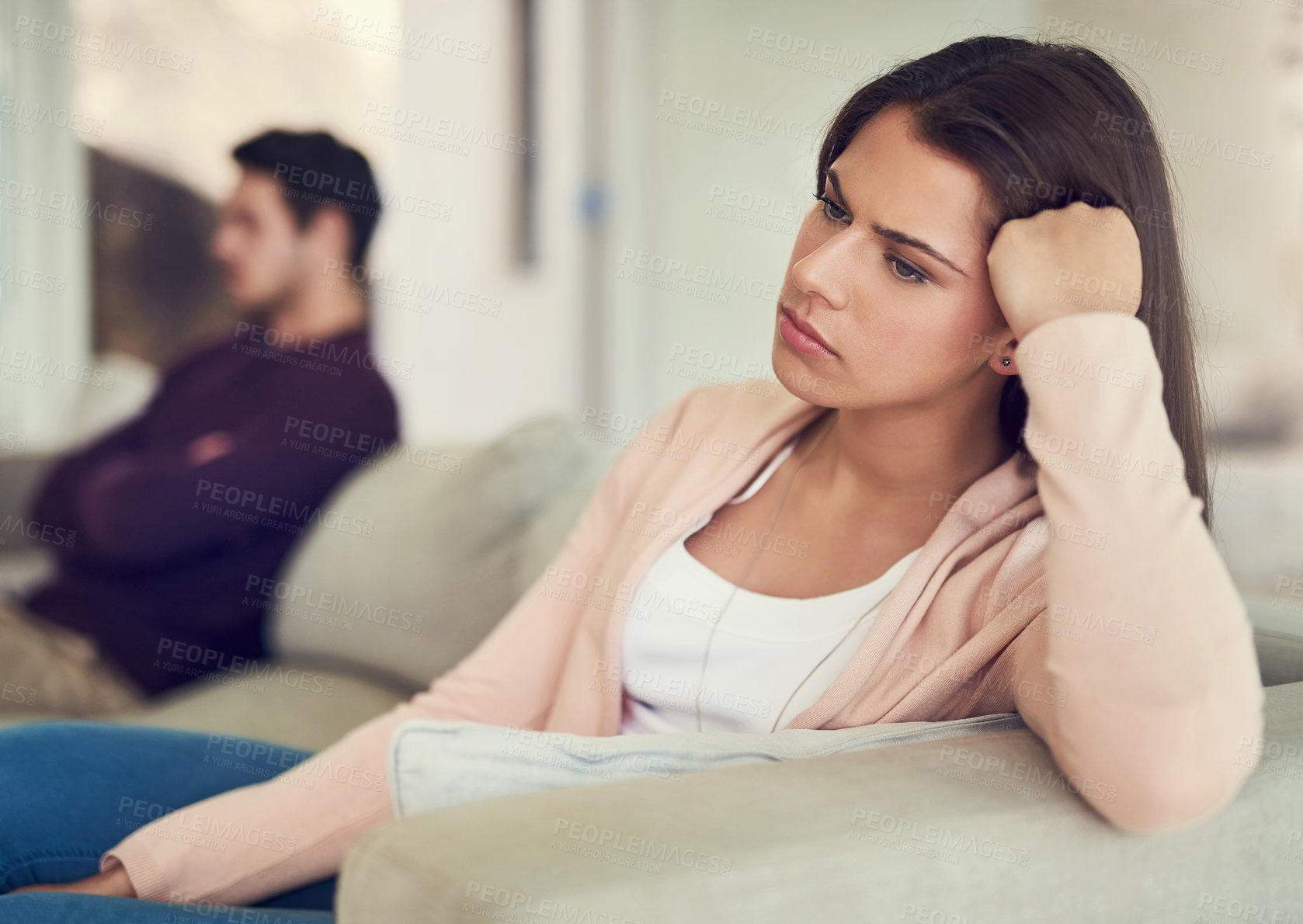 Buy stock photo Couple, ignore and angry with argument on sofa in living room with silence, cheating and thinking in home. Woman, man and distance with conflict, fight and divorce with reflection on couch in lounge