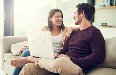 Buy stock photo Laptop, laughing and couple in living room for movie, show or film entertainment together at home. Happy, love and people relaxing on sofa and streaming funny, comic or comedy video on computer.