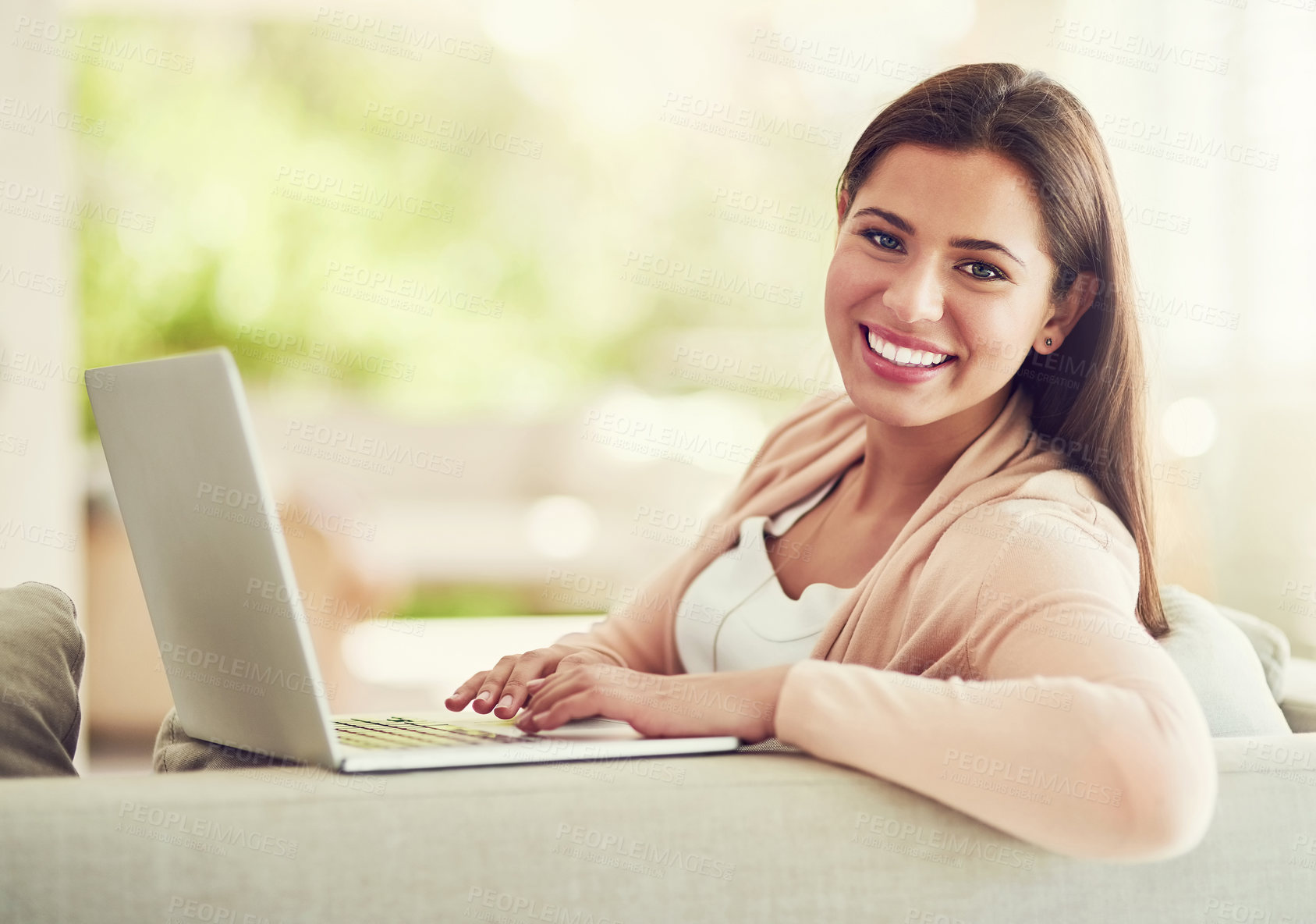Buy stock photo Relax, sofa and portrait of woman on laptop for online networking, internet and remote work. Working from home, happy and person on computer for website, research project and proposal in living room