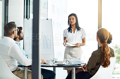 Buy stock photo Presentation, data and person in meeting for analytics, sales and company growth in conference room. Professional, business report for analysis of charts and collaboration or planning for project