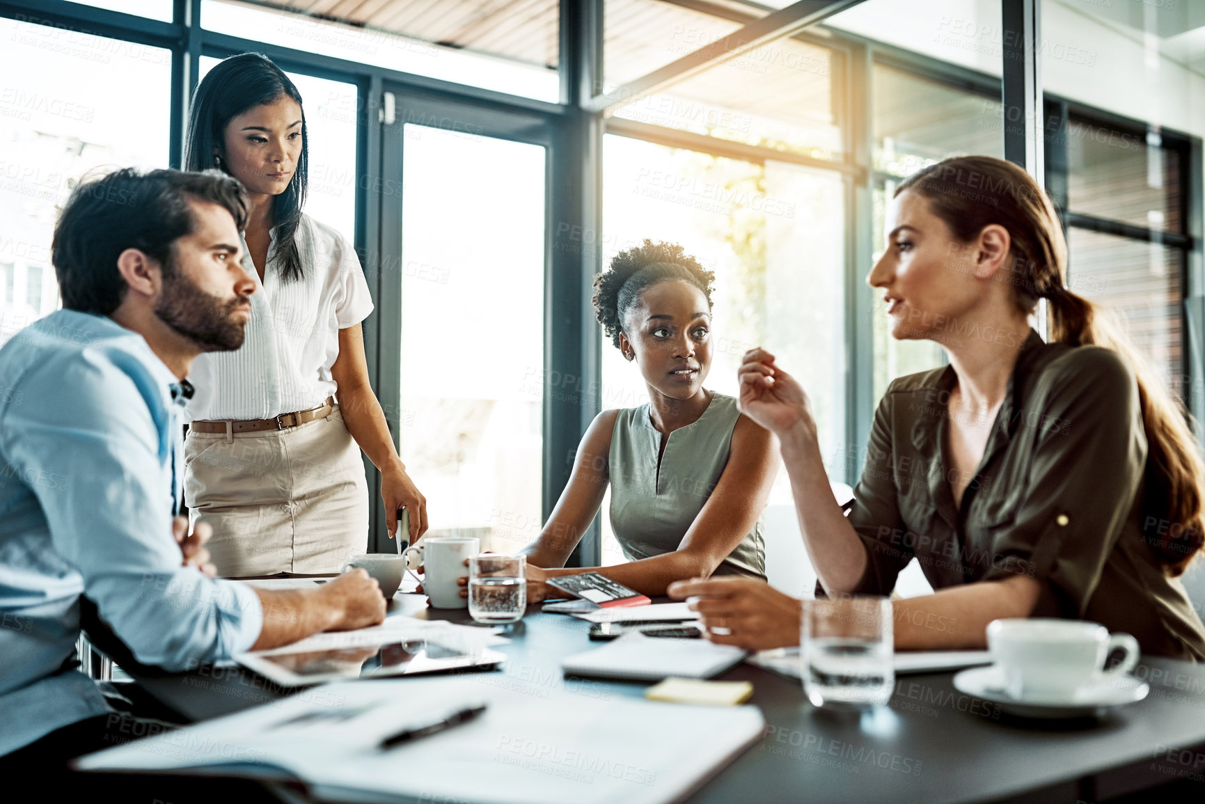 Buy stock photo Discussion, support and business people by desk with collaboration for brainstorming, monthly goal review and plan strategy. Talk, solidarity and staff for consulting startup with feedback meeting