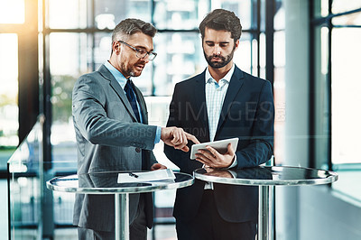 Buy stock photo Tablet, coaching and planning with business people in office for networking, communication and review. Idea, collaboration and corporate with employees for partnership, teamwork and meeting