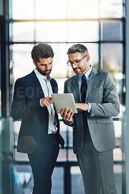 Buy stock photo Tablet, training and review with business people in office for networking, communication and planning. Idea, collaboration and corporate with employees for partnership, teamwork and meeting