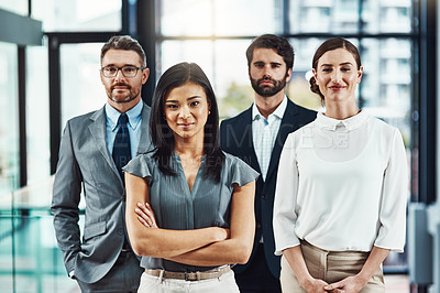 Buy stock photo Portrait, diversity and business people in modern office, teamwork and cooperation for law firm. Face, group and employees for legal aid service, collaboration and attorney with pride and about us