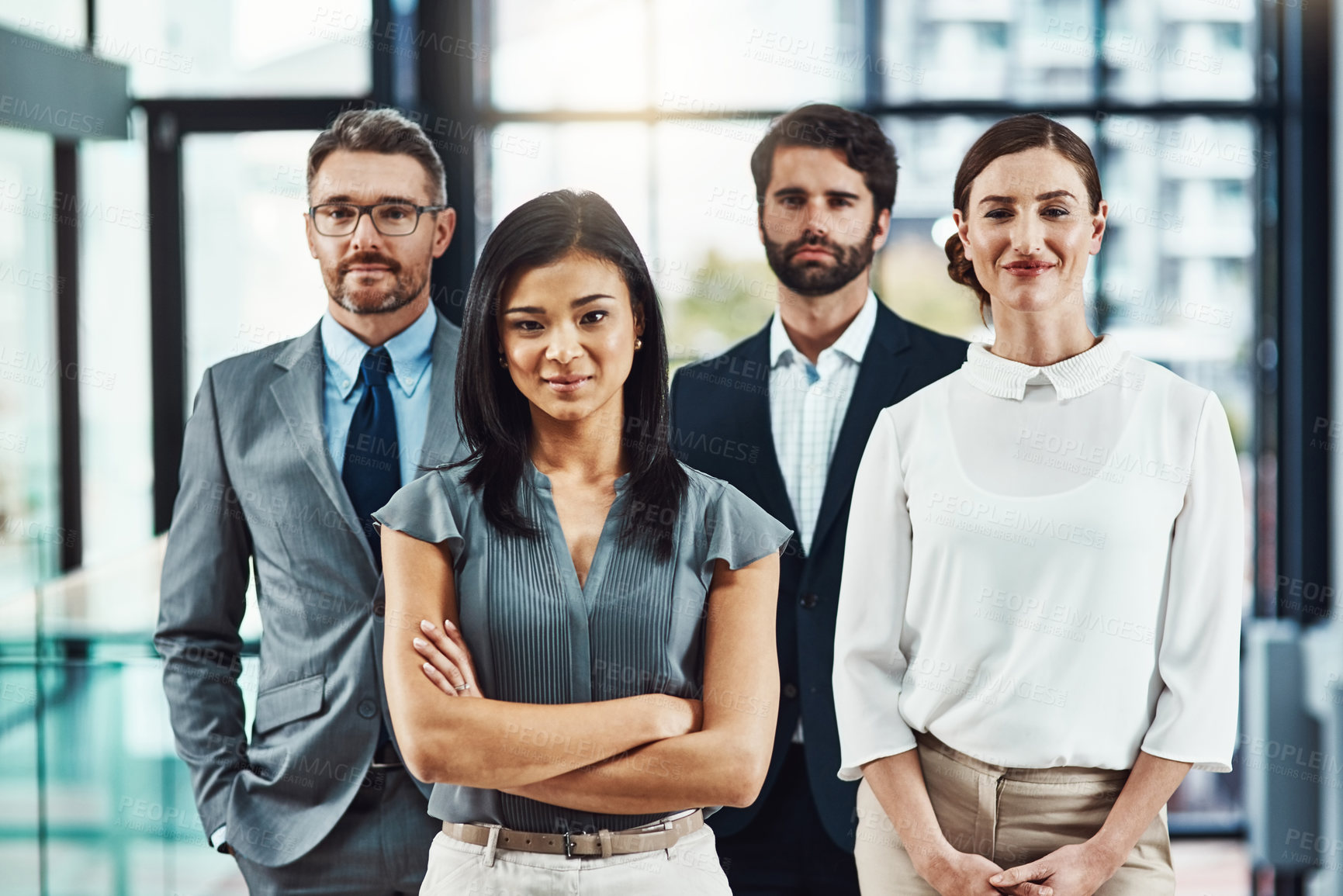 Buy stock photo Portrait, diversity and business people in modern office, teamwork and cooperation for law firm. Face, group and employees for legal aid service, collaboration and attorney with pride and about us