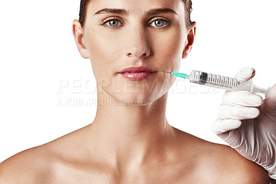 Buy stock photo Woman, portrait and hands with needle for lips or cosmetic filler in studio on white background, anti aging or mockup. Female person, face and injection for dermatology, procedure or plastic surgery