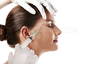 Buy stock photo Woman, hand and injection for eyebrow filler in studio or cosmetic procedure, plastic surgery or face lift. Female person, needle and anti aging treatment for wrinkles, white background or mockup
