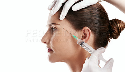 Buy stock photo Woman, hand and injection for eyebrow lift in studio or cosmetic surgery or beauty, confidence or white background. Female person, needle and skincare procedure or filler, dermatology or mockup space