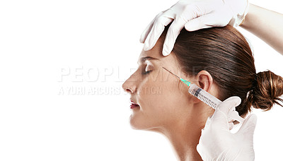 Buy stock photo Woman, hand and needle with filler in studio for facelift or cosmetic plastic surgery, anti aging or white background. Female person, injection and mockup space for dermatology, procedure or beauty
