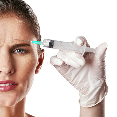 Buy stock photo Half face, forehead and syringe in hand with glove for dermatology, skincare or beauty treatment in anti age, botox for facial. Female person, frown and portrait for medical aesthetic on mockup