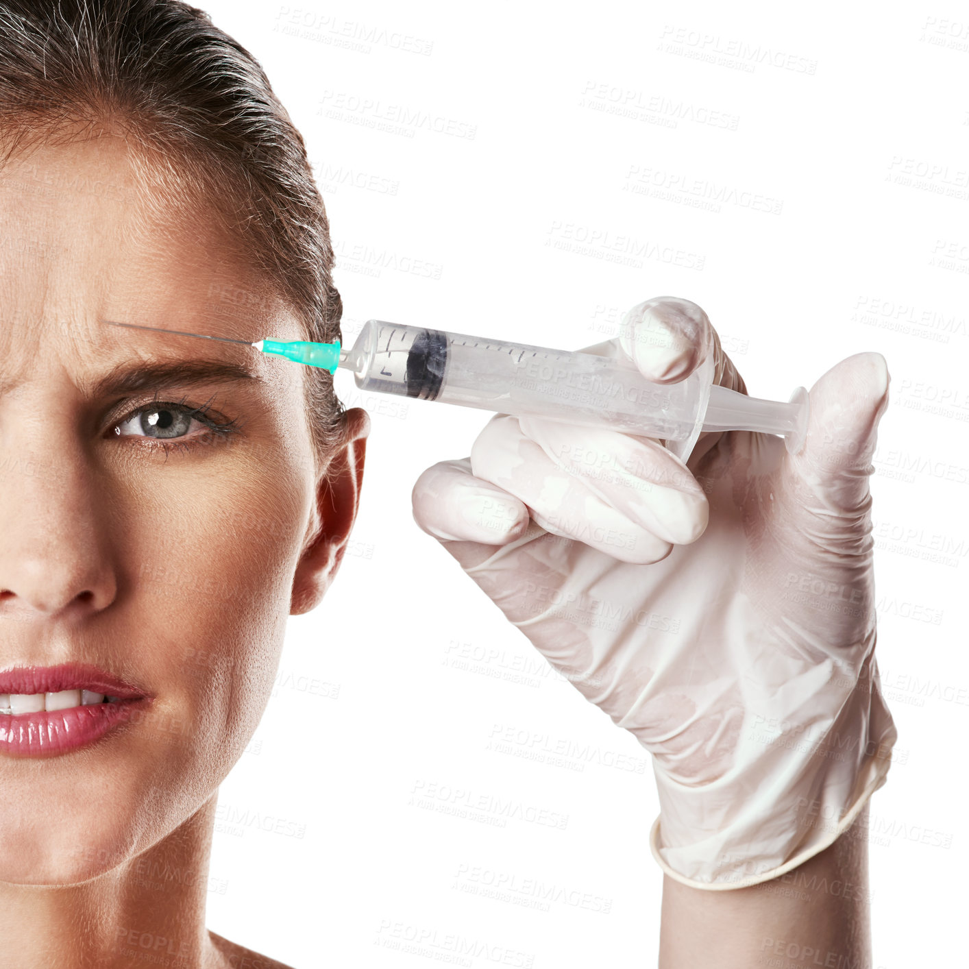 Buy stock photo Half face, forehead and syringe in hand with glove for dermatology, skincare or beauty treatment in anti age and  facial. Female person, frown and portrait for medical aesthetic on mockup space
