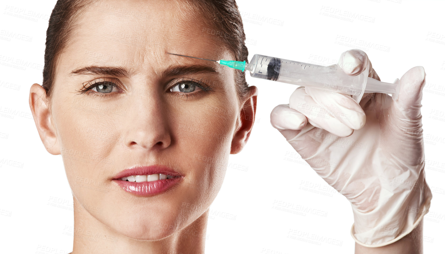 Buy stock photo Woman, face and syringe in hand with glove for dermatology, skincare and beauty for anti age, injection or facial. Young person, frown and portrait for plastic surgery or medical aesthetic  