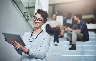 Buy stock photo Creative, woman and online with tablet on stairs for designer project on company website for customer engagement. Team leader, smile and technology with internet for content creation on social media.