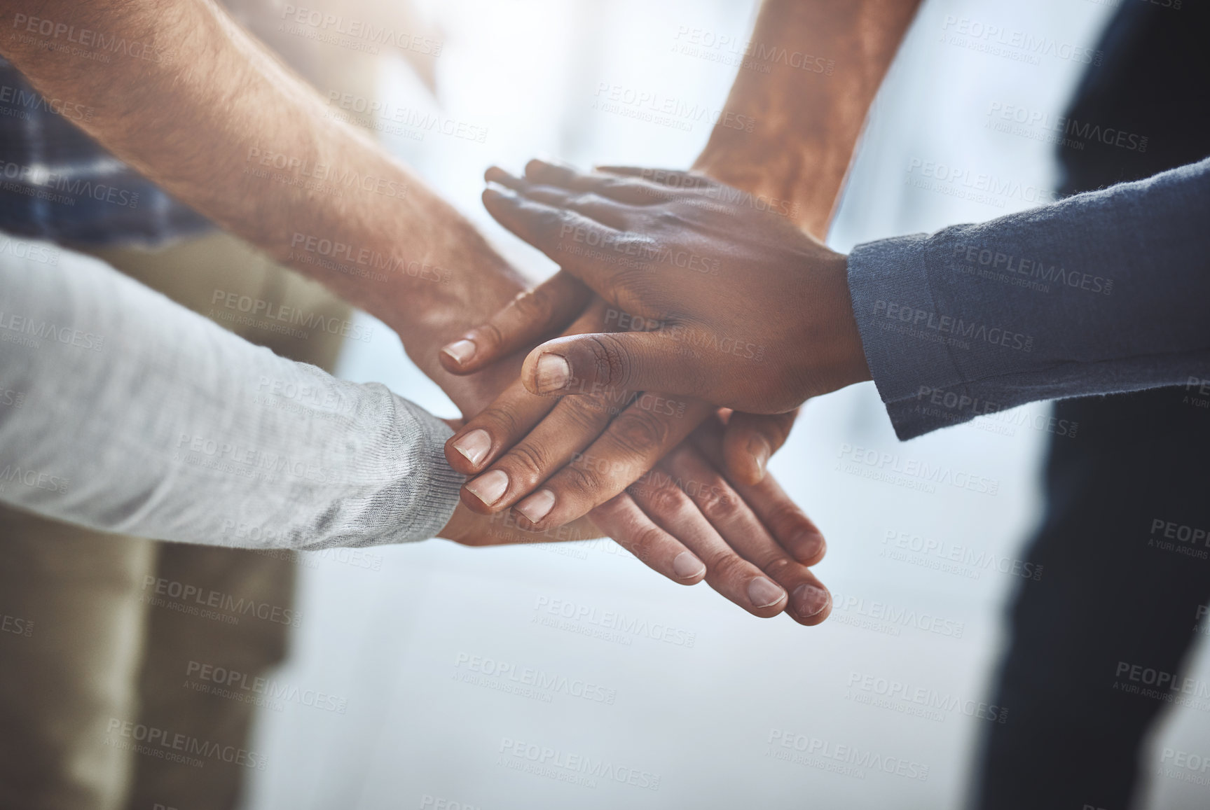 Buy stock photo People, hands and huddle together for teamwork, problem solving and collaboration on company project. Group, diversity and community for solidarity or unity with partnership, synergy and work support