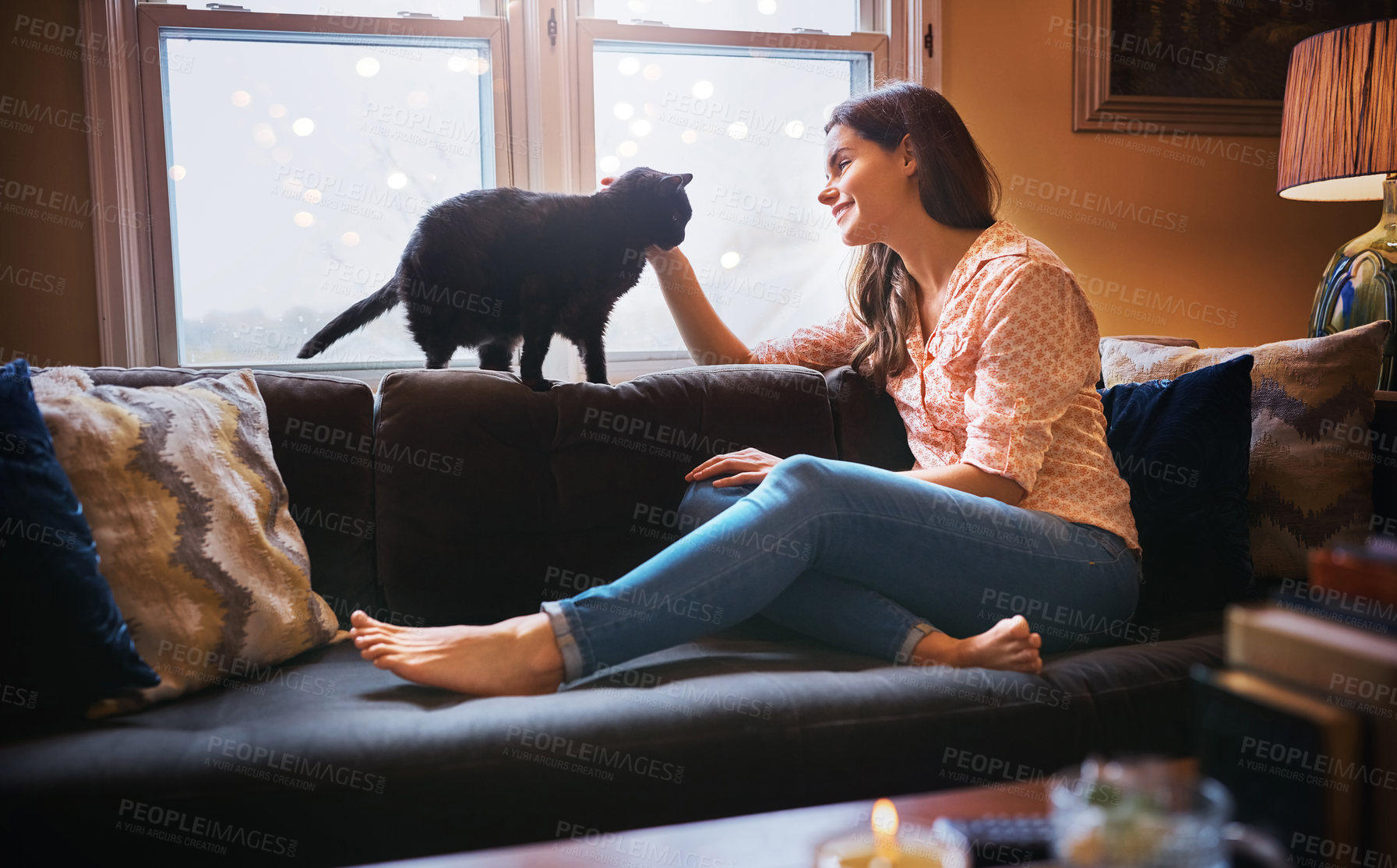 Buy stock photo Woman, bonding and stroke cat in home for love, scratch and domestic animal for companion or loyalty. Female person, pet care and peace in lounge or friendly rescue for adoption, sofa and support