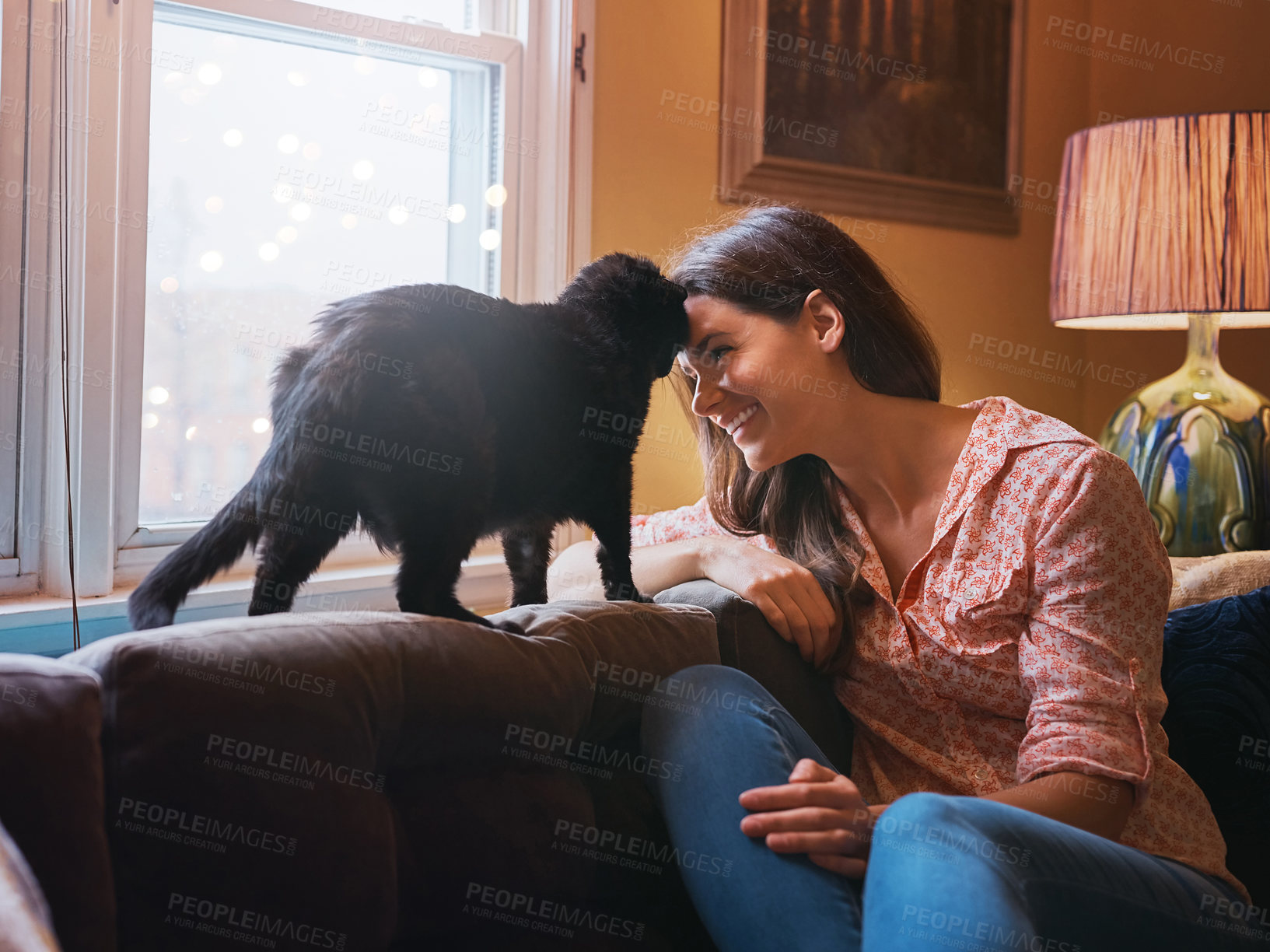 Buy stock photo Love, woman and cat on sofa at house with animal bonding, care and relax or fluffy friend for companion. Smile, female owner and kitten pet with stroke, hug and affection in living room together