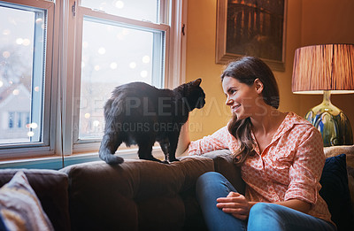 Buy stock photo Woman, cat and petting for trust in home, scratch and support animal or companion for love on sofa. Female person, relax and calm in living room to stroke pet, bonding and connection for loyalty