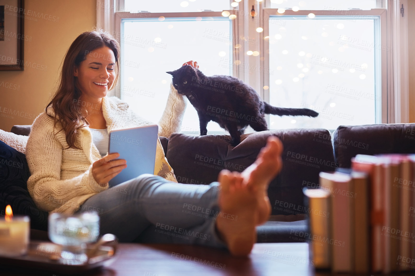 Buy stock photo Relax, cat and happy woman with tablet on sofa for news article, social media or communication in living room. Connection, online and person with pet for reading ebook, blog or internet in home