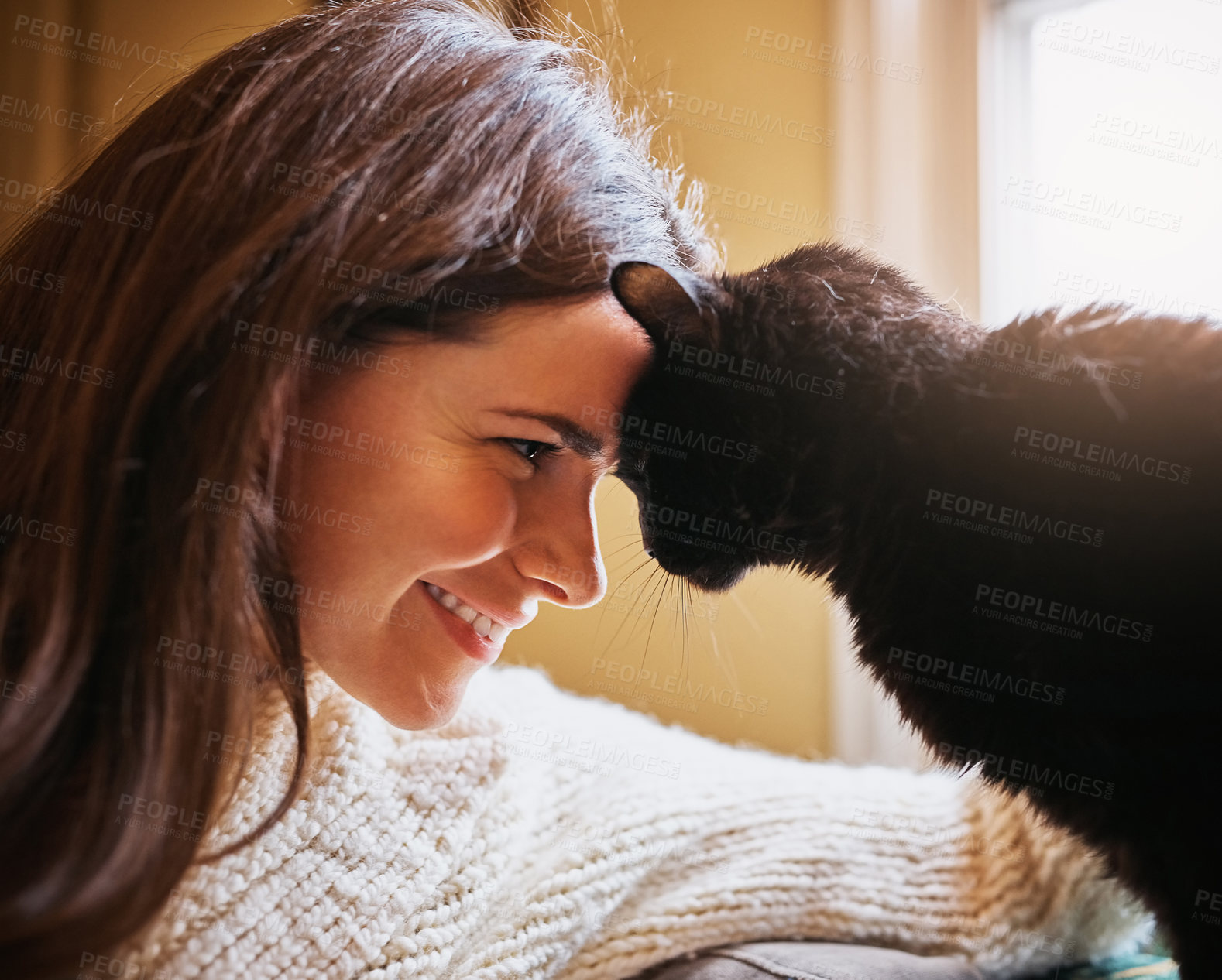 Buy stock photo Shot of an attractive young woman bonding with her cat at home