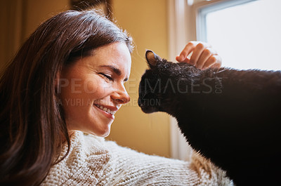 Buy stock photo Shot of an attractive young woman bonding with her cat at home