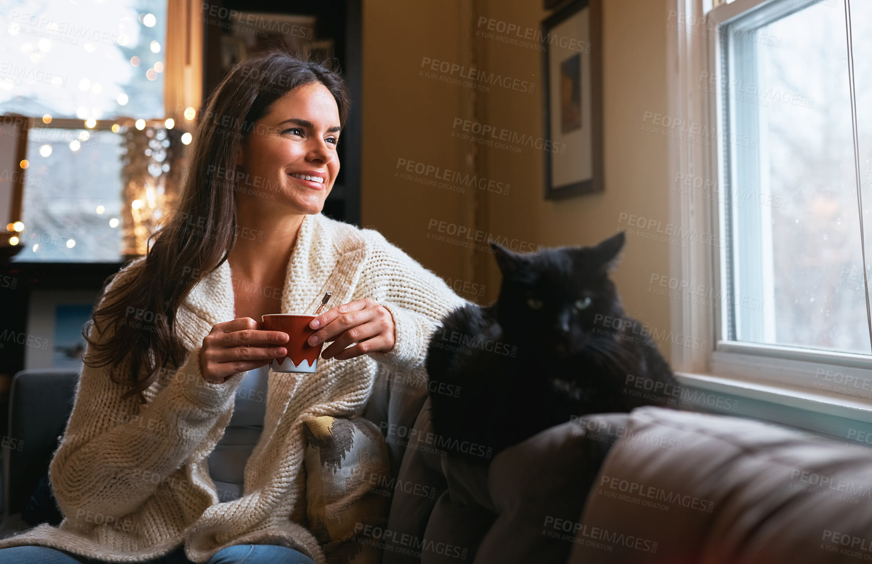 Buy stock photo Cat, happy and woman with coffee cup on sofa for weekend, satisfaction and self care in morning at home. Relax, pet and female person with warm caffeine drink for peace, wonder and thinking of memory