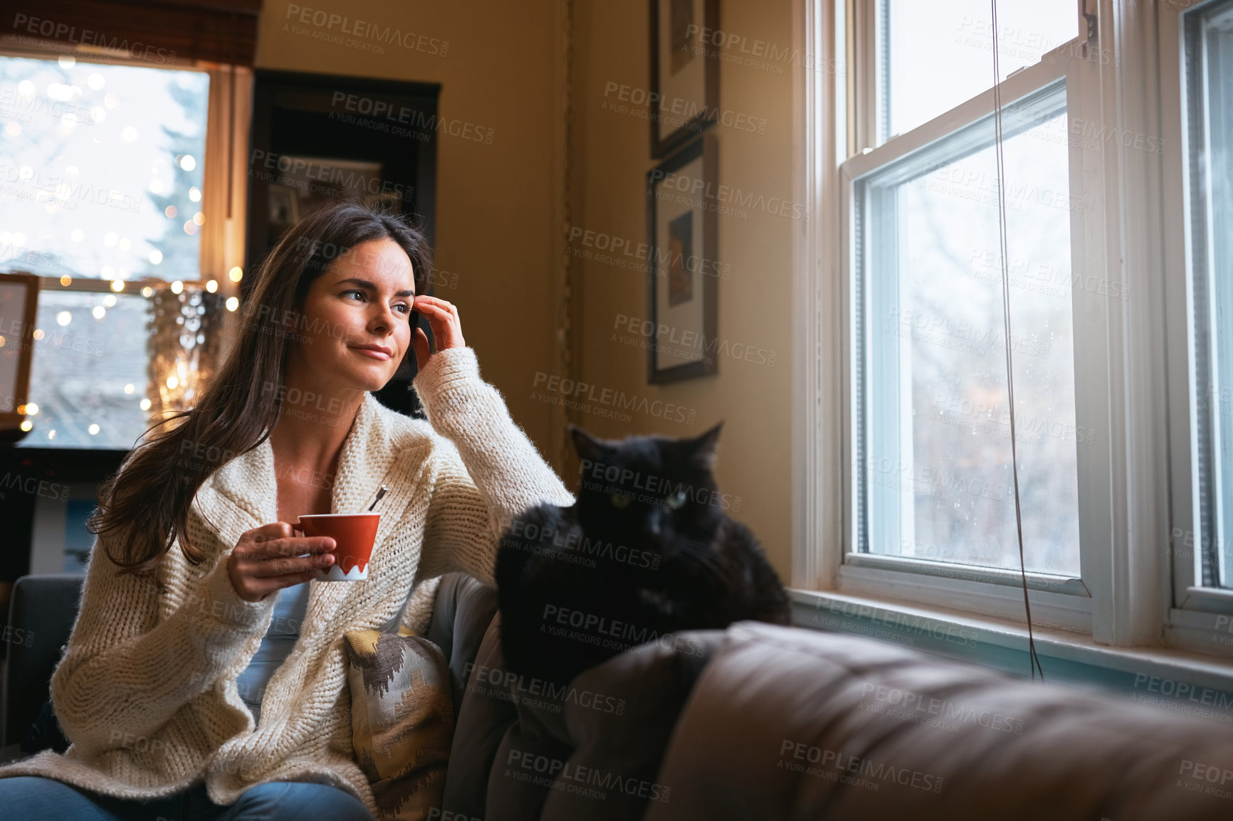 Buy stock photo Cat, relax and woman with coffee cup on sofa for weekend, satisfaction and peace in morning at home. House, pet and female person with warm caffeine beverage for self care, wonder or thinking of idea