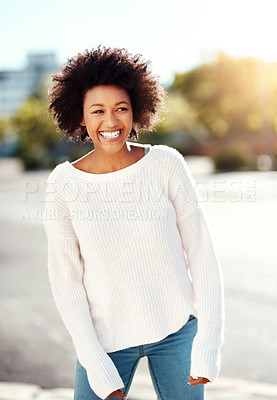 Buy stock photo Road, girl and smile in street, black woman and afro in urban, fashion and natural hair. Winter wear, city and laughter or travel, outdoor and confident in cheerful, vacation and adventure