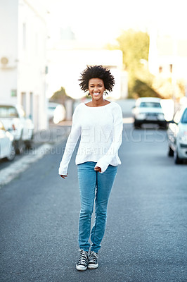Buy stock photo African woman, smile and portrait in street with sunshine on commute, holiday and excited in city. Girl, person and happy on metro sidewalk with streetwear for vacation, tourism or travel in Atlanta