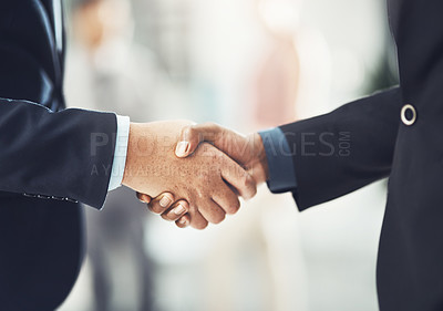 Buy stock photo Business people, handshake and meeting in partnership, b2b or deal agreement at the office. Businessman shaking hands for hiring, recruitment or corporate growth in teamwork, welcome or introduction
