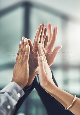Buy stock photo Business people, hands and high five for winning, teamwork or success together at office. Group touching hand in team win, victory or achievement for company goals, unity or solidarity at workplace