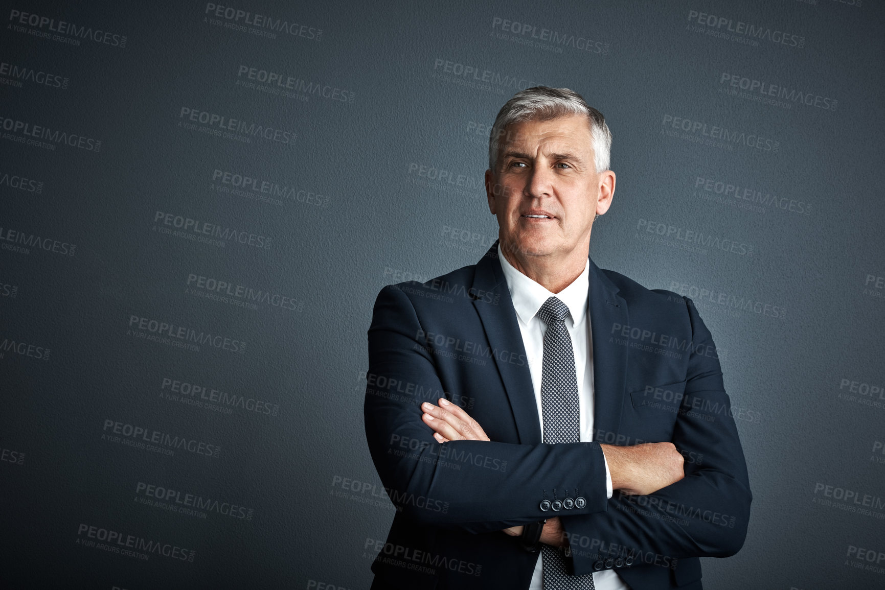 Buy stock photo Crossed arms, mature and businessman in studio for thinking, decision and insight for investment. Gray background, corporate manager and person with ideas, reflection and space for finance career