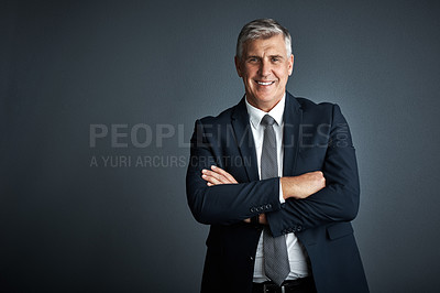 Buy stock photo Studio shot of a mature businessman posing against a grey background