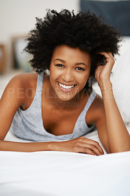 Buy stock photo Black woman, smile and portrait in bed for relax, wellness and self care after sleep in house. Female person, happy and peace with duvet or pillow for wake up, health and stress therapy on weekend