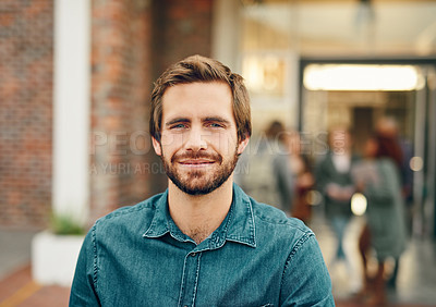 Buy stock photo Portrait, man or confident student on campus in university for opportunity, future or study in engineering college. Learning, outdoor or proud scholar with smile for school, education or scholarship