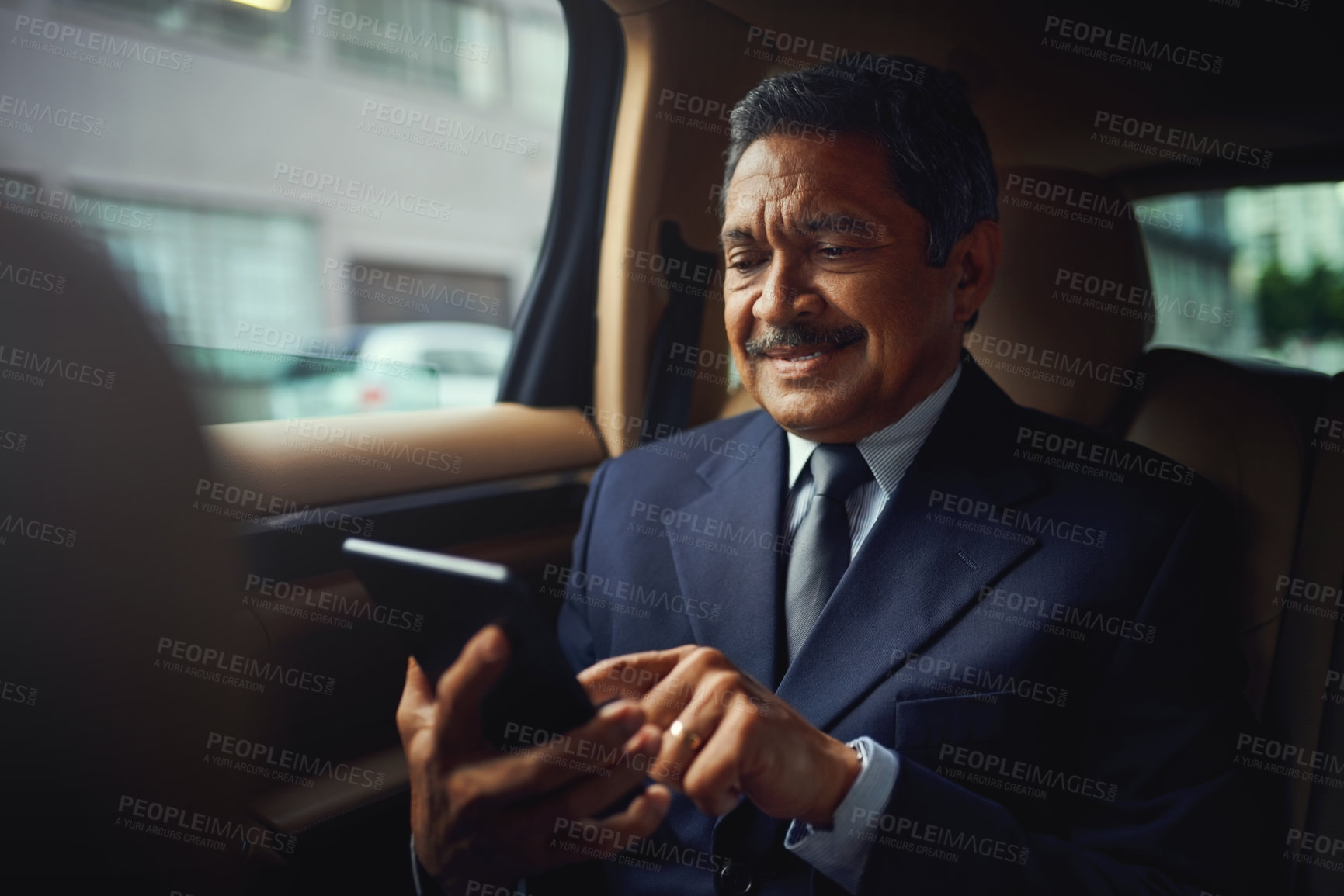 Buy stock photo Tablet, taxi and business man in car for website news, networking and online connection.Travel, entrepreneur and mature person in vehicle on tech for transport, journey and driving in traffic