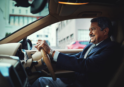 Buy stock photo Driving, car and mature man with smile, steering wheel and business person in morning, commuting or professional. Journey, happy and travel of driver to work, vehicle and boss in sales with transport