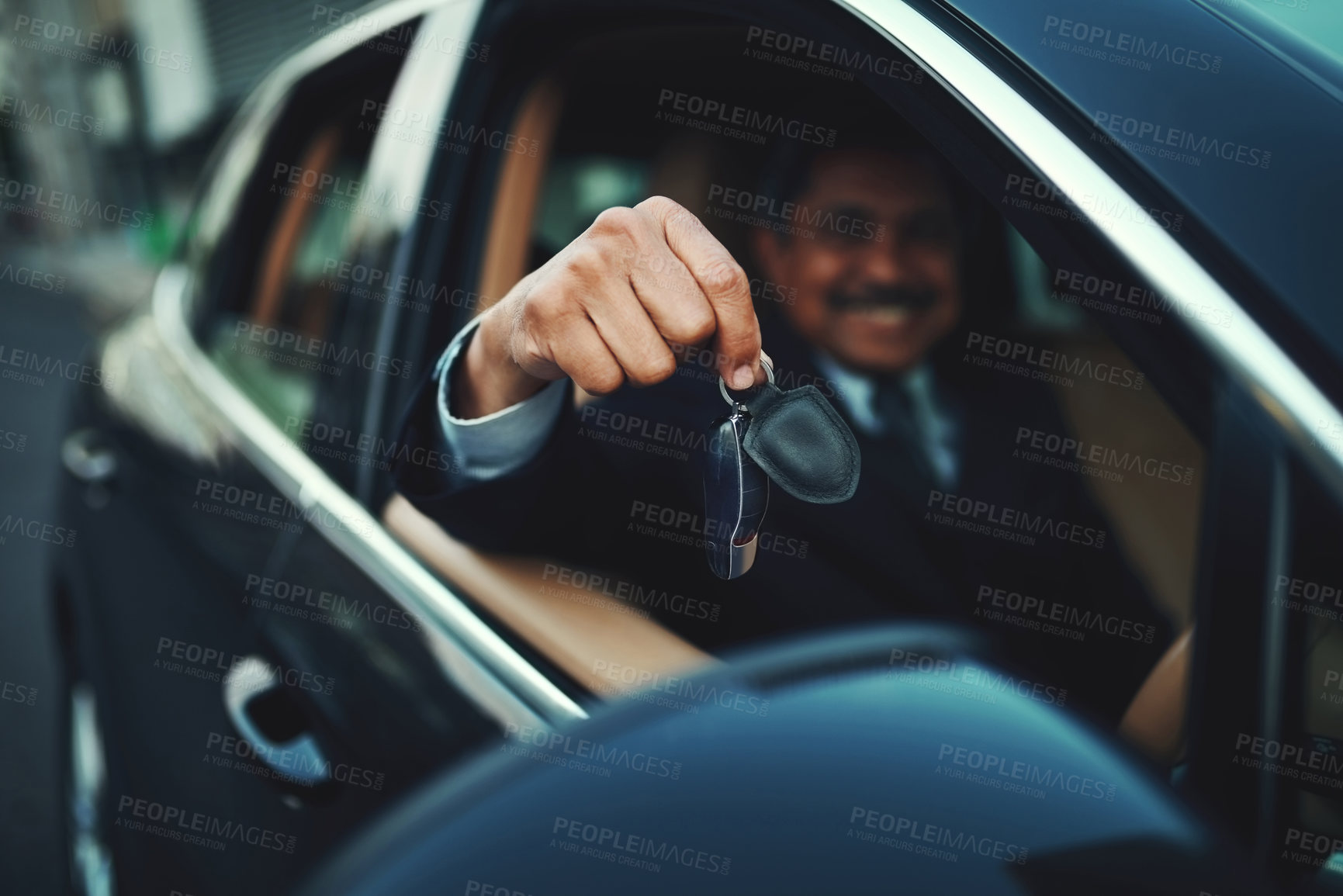 Buy stock photo Luxury car, driver and man with keys, hand and achievement with transportation. Closeup, person and guy with modern vehicle, outdoor and trip with business owner, entrepreneur or travel with success