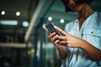 Buy stock photo Business woman, phone and hands in office for communication, networking and email at night with contact. Editor, mobile and typing in workplace for news article, website and internet blog at evening