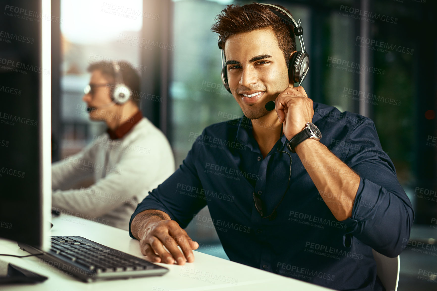 Buy stock photo Man, smile and tech in call center for portrait, telemarketing or customer service. Consultant, headset or contact in office for IT support, communication or digital sales at help desk or company FAQ