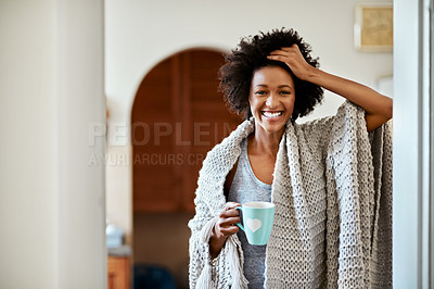 Buy stock photo Black woman, portrait and morning coffee in home, blanket and comfortable in apartment. Female person, latte and smile to relax on weekend, wellness and espresso or chilling in lounge with cocoa