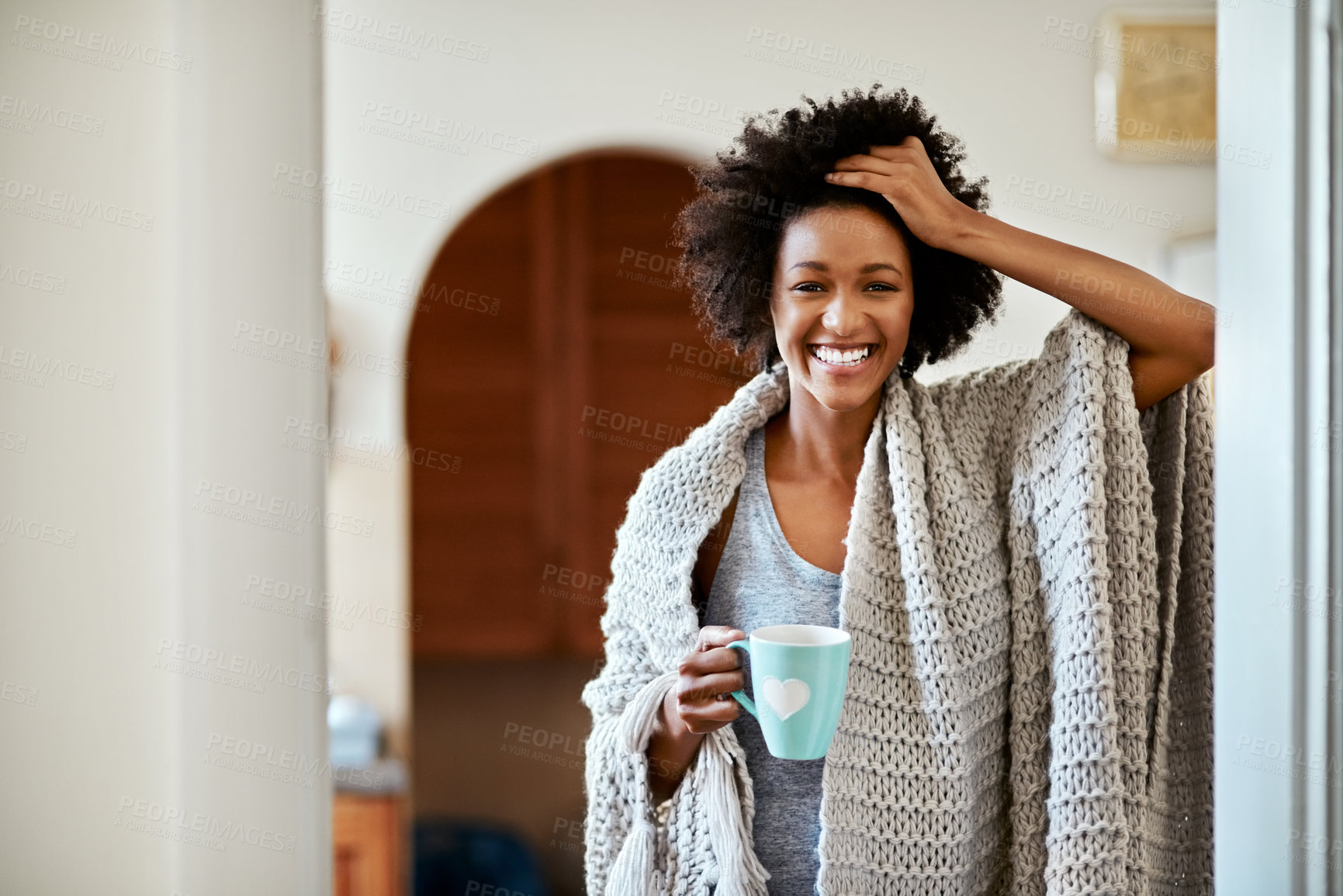 Buy stock photo Black woman, portrait and morning coffee in home, blanket and comfortable in apartment. Female person, latte and smile to relax on weekend, wellness and espresso or chilling in lounge with cocoa